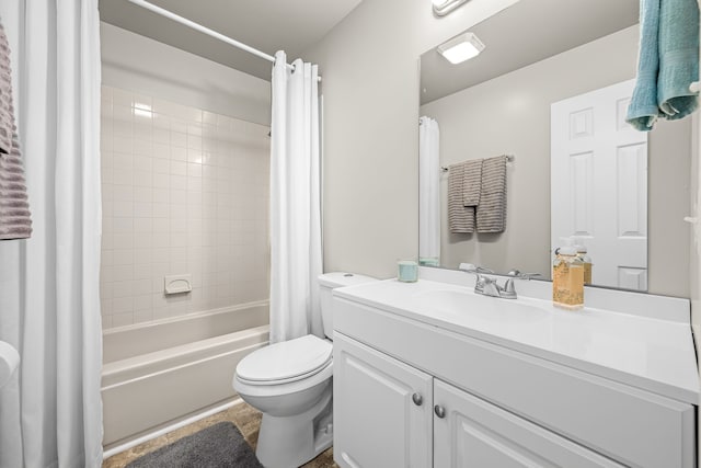 full bathroom with toilet, shower / tub combo, and vanity