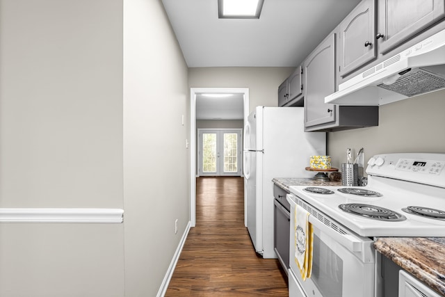 kitchen with french doors, white electric range, dark wood-type flooring, and gray cabinetry