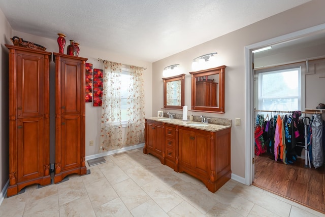 bathroom featuring hardwood / wood-style floors, vanity, and a textured ceiling