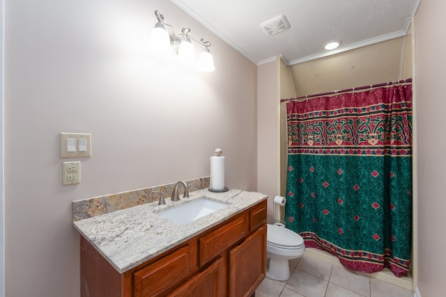 bathroom with vanity, tile patterned floors, toilet, and ornamental molding