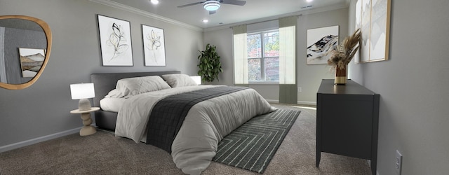 carpeted bedroom with ceiling fan and ornamental molding