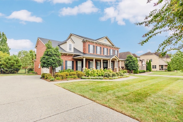 view of front of property featuring a front lawn and covered porch