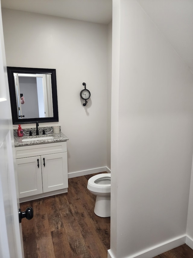 bathroom featuring toilet, vanity, and hardwood / wood-style flooring