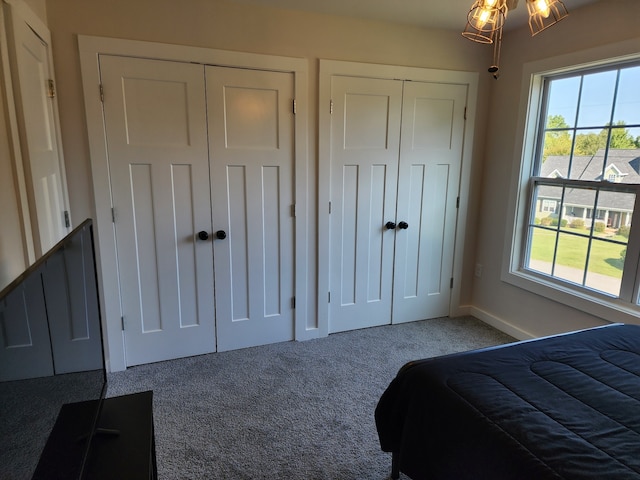 carpeted bedroom with multiple closets