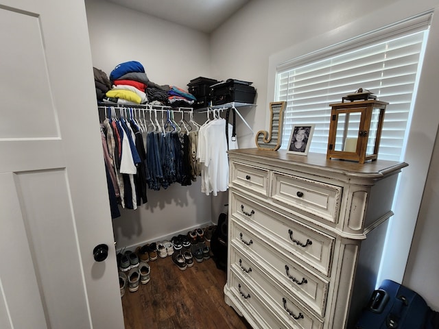 walk in closet featuring dark wood-type flooring