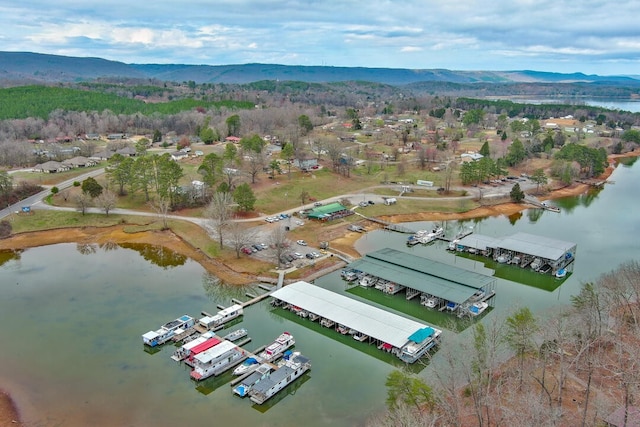 bird's eye view with a water and mountain view