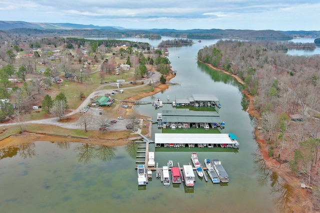 aerial view featuring a water and mountain view