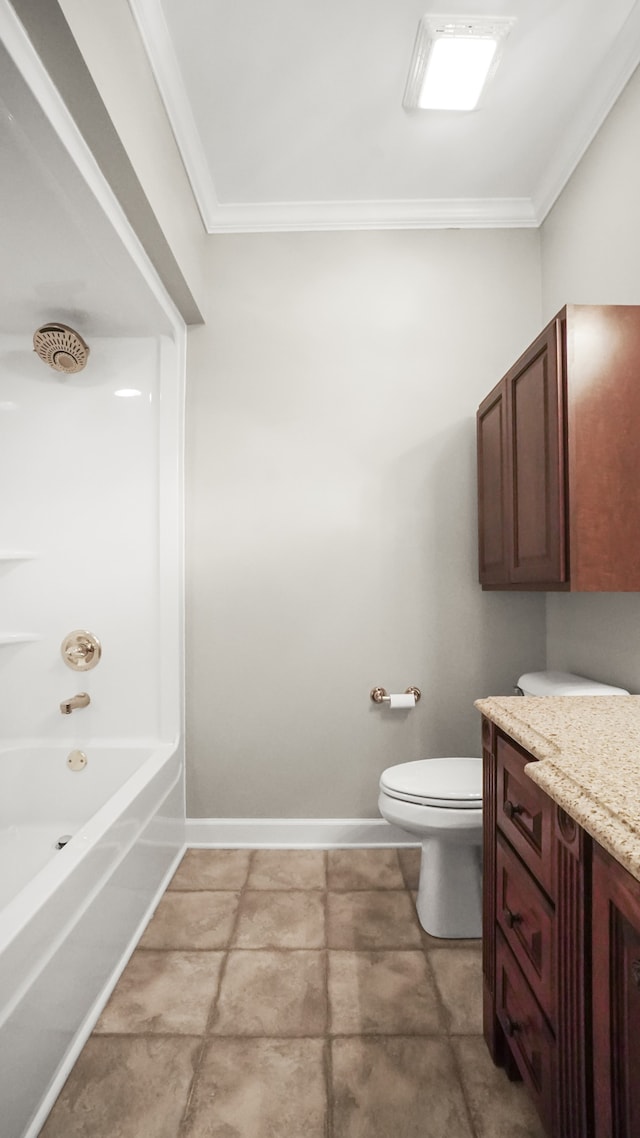 full bathroom with washtub / shower combination, vanity, crown molding, tile patterned flooring, and toilet