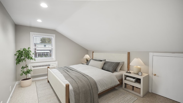 bedroom featuring a wall mounted air conditioner, light colored carpet, and lofted ceiling