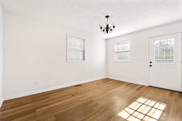 interior space with a wealth of natural light, wood-type flooring, and a textured ceiling