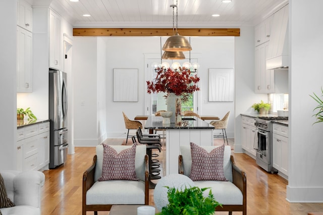 kitchen featuring white cabinetry, wooden ceiling, decorative light fixtures, and appliances with stainless steel finishes