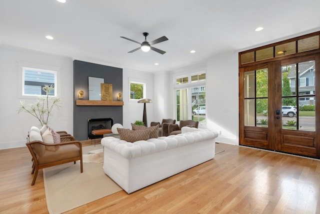 living room featuring light hardwood / wood-style flooring, a healthy amount of sunlight, and a large fireplace