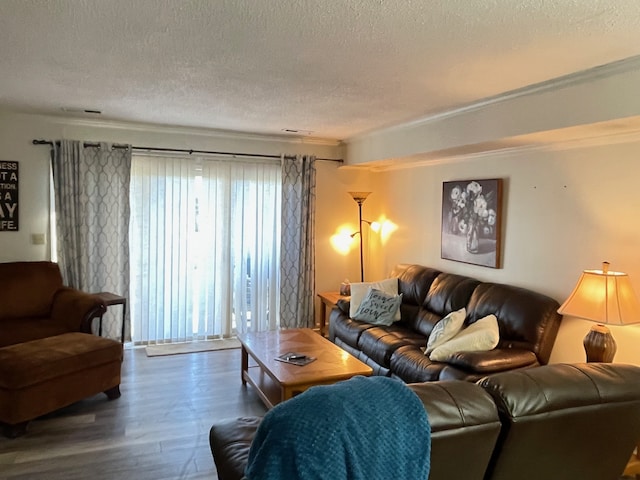 living room with crown molding, dark hardwood / wood-style flooring, and a textured ceiling