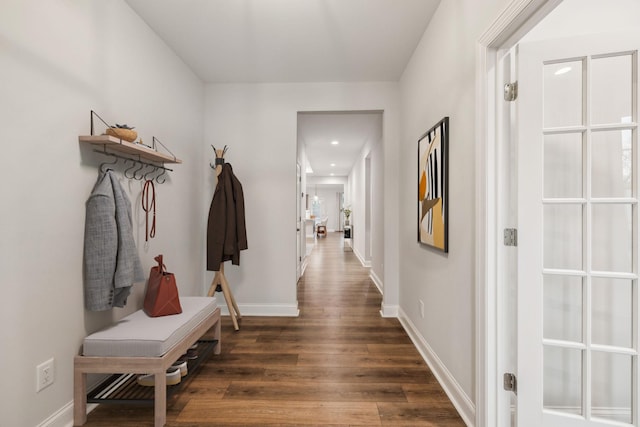 mudroom featuring dark wood-type flooring