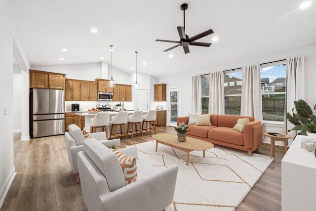 living room with lofted ceiling, light hardwood / wood-style flooring, and ceiling fan