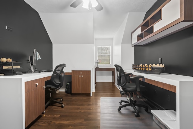 office featuring lofted ceiling, ceiling fan, and dark hardwood / wood-style floors