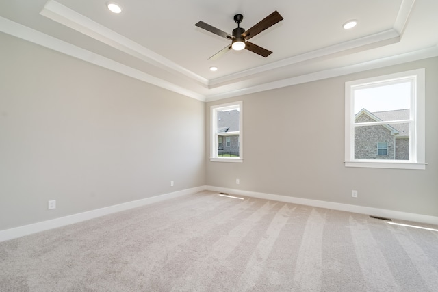 spare room with a raised ceiling, ceiling fan, carpet floors, and ornamental molding