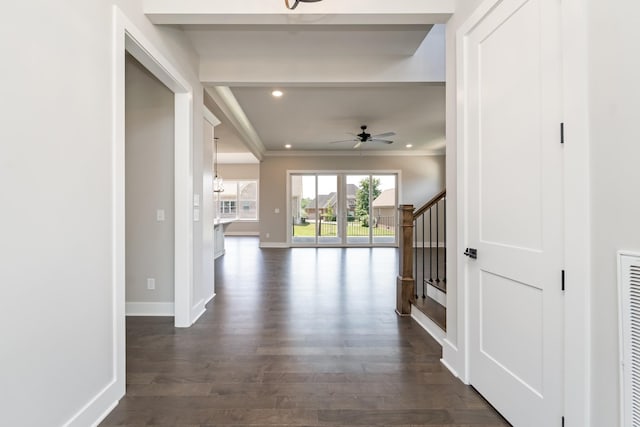132 Aarons Cress Blvd, Hermitage, TN 37076 - hallway with ornamental molding, dark wood finished floors, recessed lighting, and stairs