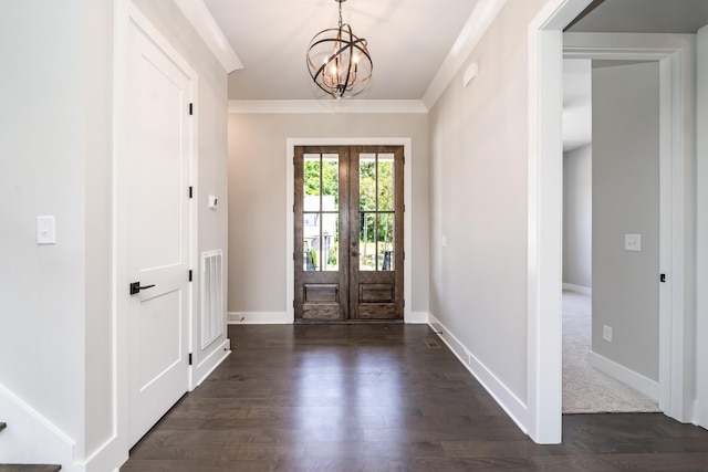 132 Aarons Cress Blvd, Hermitage, TN 37076 - entrance foyer featuring french doors, a chandelier, dark wood-style floors, and ornamental molding