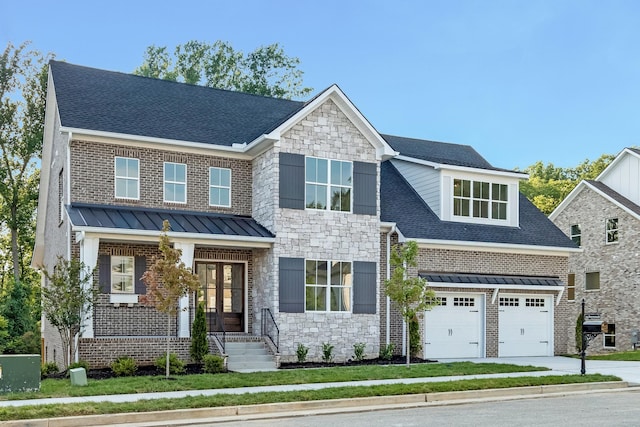 132 Aarons Cress Blvd, Hermitage, TN 37076 - view of front of home featuring stone siding, french doors, a standing seam roof, concrete driveway, and roof with shingles