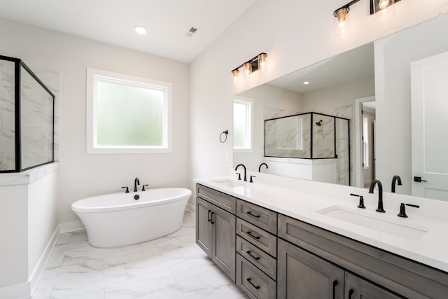 bathroom with separate shower and tub and vanity