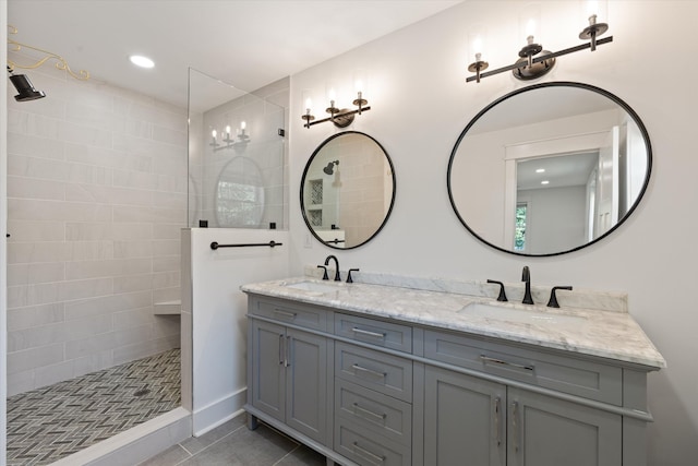 2105 52e Hwy, Portland, TN 37148 - bathroom featuring walk in shower, double vanity, tile patterned flooring, and recessed lighting