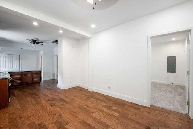 800 Tunnel Blvd, Chattanooga, TN 37406 - unfurnished living room featuring ceiling fan, electric panel, dark wood finished floors, recessed lighting, and baseboards