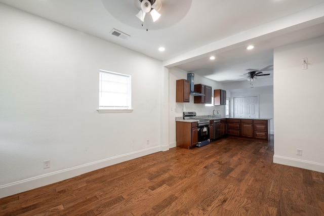 800 Tunnel Blvd, Chattanooga, TN 37406 - kitchen with stainless steel electric stove, ceiling fan, baseboards, light countertops, and wall chimney range hood