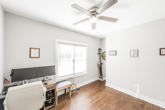 office space featuring ceiling fan and dark hardwood / wood-style flooring