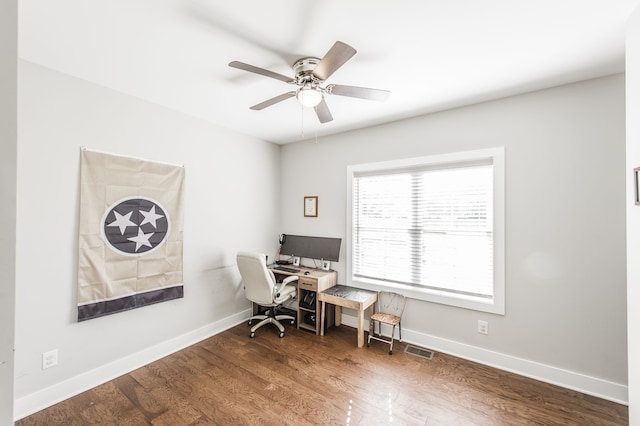 office with ceiling fan and dark hardwood / wood-style flooring