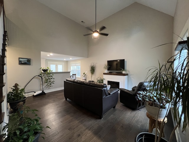 living room featuring dark hardwood / wood-style floors, high vaulted ceiling, and ceiling fan