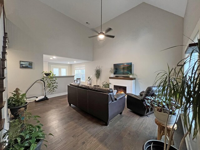 731 Hogan Rd, Clarksville, TN 37043 - living area featuring a glass covered fireplace, high vaulted ceiling, dark wood-style floors, a ceiling fan, and baseboards