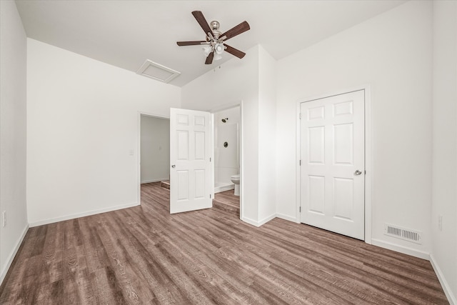 unfurnished bedroom featuring a closet, ceiling fan, and hardwood / wood-style floors