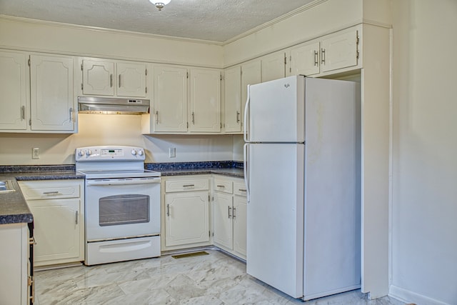 kitchen with white cabinets, a textured ceiling, white appliances, and crown molding