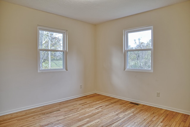 unfurnished room featuring a textured ceiling, light hardwood / wood-style floors, and plenty of natural light