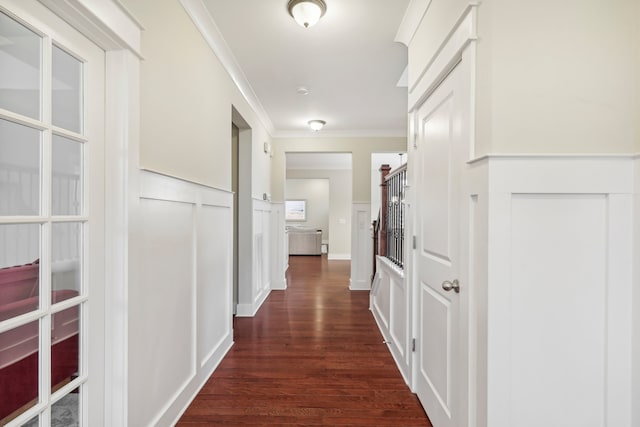 hall featuring crown molding and dark wood-type flooring