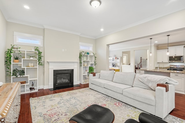 living room featuring dark hardwood / wood-style flooring and crown molding