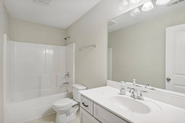 full bathroom featuring bathing tub / shower combination, vanity, and toilet