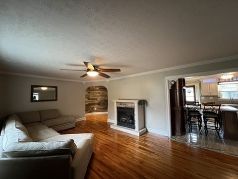 living room featuring ornamental molding, ceiling fan, dark hardwood / wood-style floors, and a textured ceiling