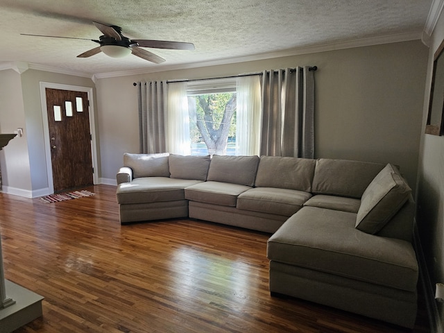 living room featuring a textured ceiling, dark hardwood / wood-style floors, and ornamental molding