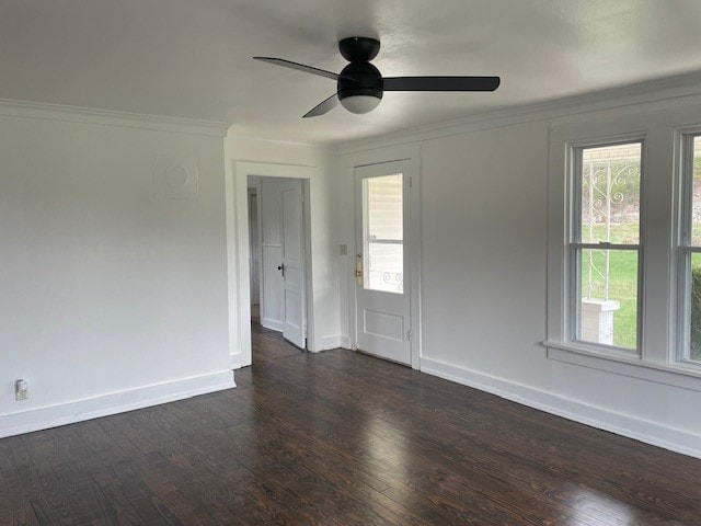 spare room with ceiling fan, dark hardwood / wood-style flooring, and ornamental molding