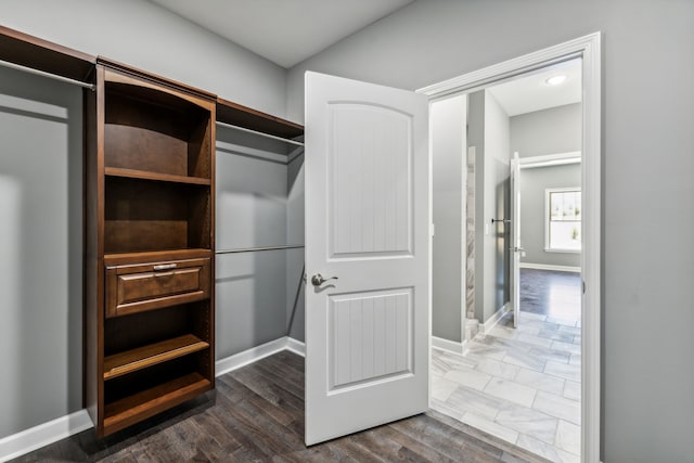 spacious closet with dark hardwood / wood-style flooring