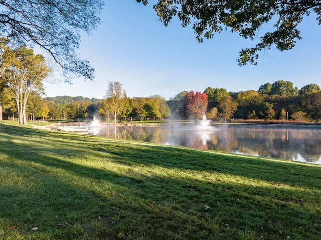 view of home's community featuring a water view, a lawn, and a view of trees