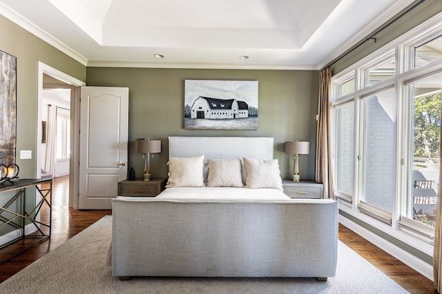 bedroom featuring access to outside, a raised ceiling, and wood finished floors