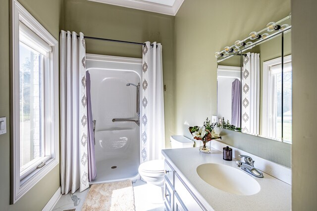 full bathroom featuring toilet, a shower stall, a wealth of natural light, and vanity