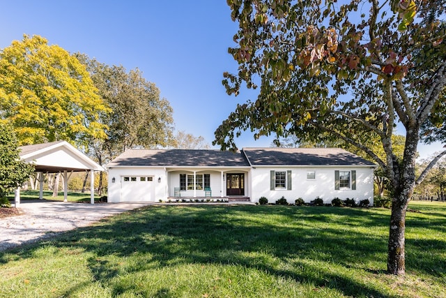 ranch-style house featuring concrete driveway, an attached garage, and a front lawn