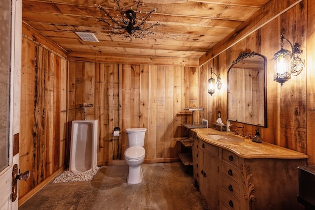 bathroom featuring wooden ceiling, toilet, wood walls, vanity, and concrete flooring
