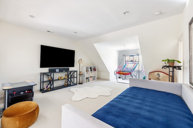 carpeted bedroom with visible vents and recessed lighting