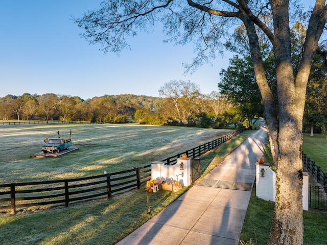 surrounding community with a gate, fence, a lawn, and a rural view