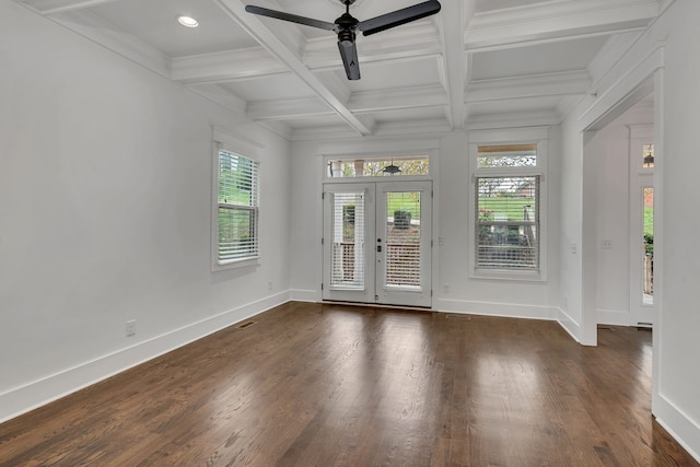 interior space with french doors, dark hardwood / wood-style flooring, a wealth of natural light, and ceiling fan